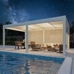Erommy Outdoor Louvered Pergola Gazebo with Adjustable Aluminum Rainproof Roof and Pull-Down Screen