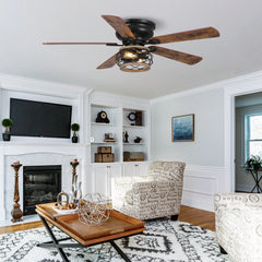 48" Antique Wooden 5-Blade Black Flush Mount Ceiling Fan with Light