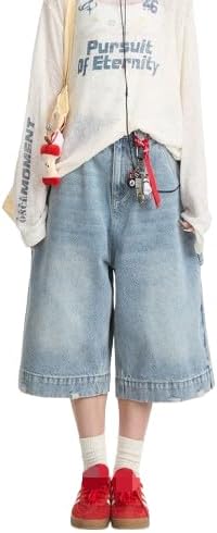 Womens Baggy Cropped Jeans Casual Wide Leg Mid Waisted Vintage Blue Denim Pants Oversized Y2K Boyfriend Streetwear