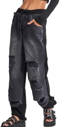 Womens Stitching Ripped Denim Trousers Drawstring Elastic Waist Wide Leg Jeans Casual Loose Denim Pant with Pockets