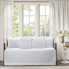 Cozy Line Solid White Chic Brocade Matelasse Medallion Floral 6 Piece Microfiber Daybed Quilt Bedding Set