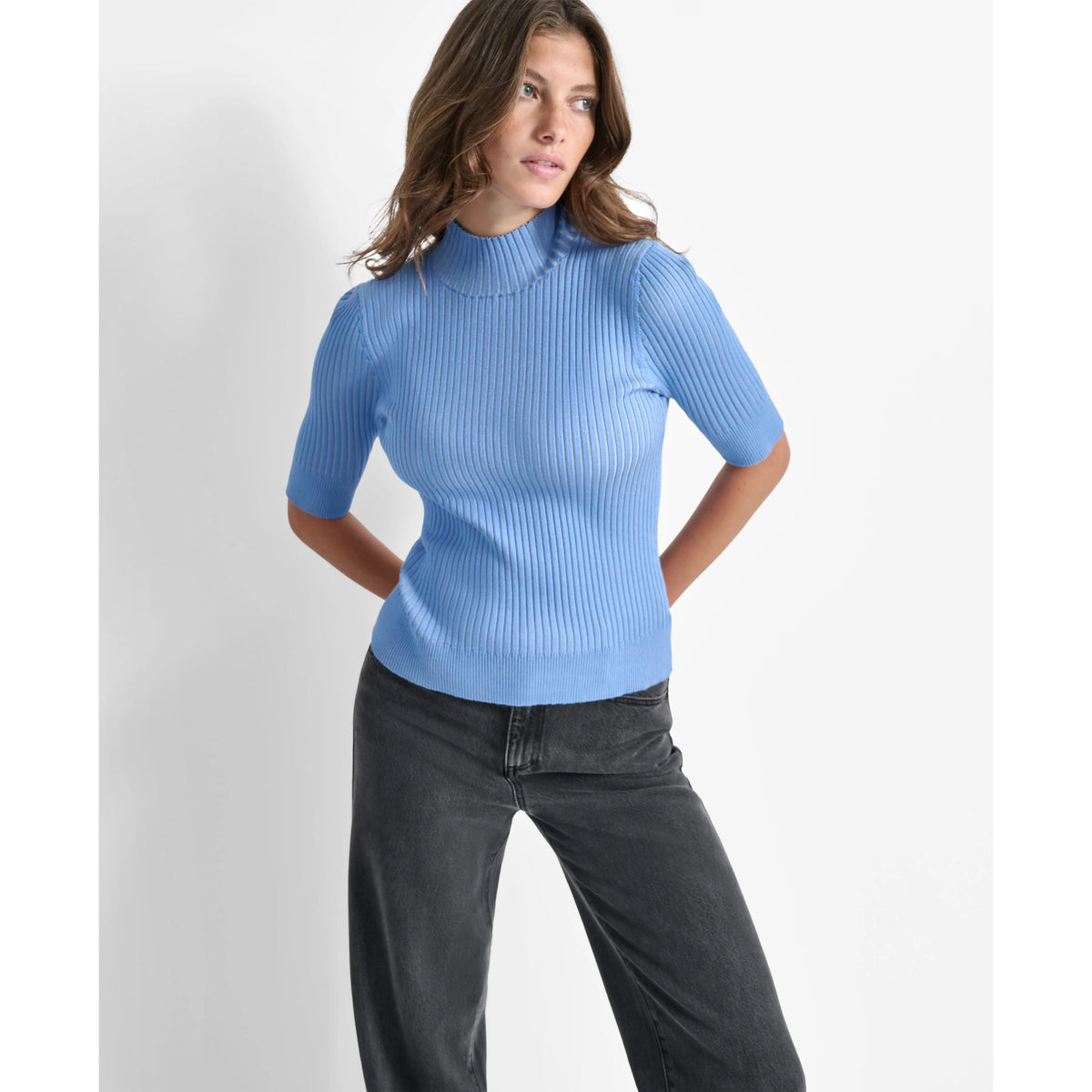 DKNY Mock Neck Ribbed Knit Top