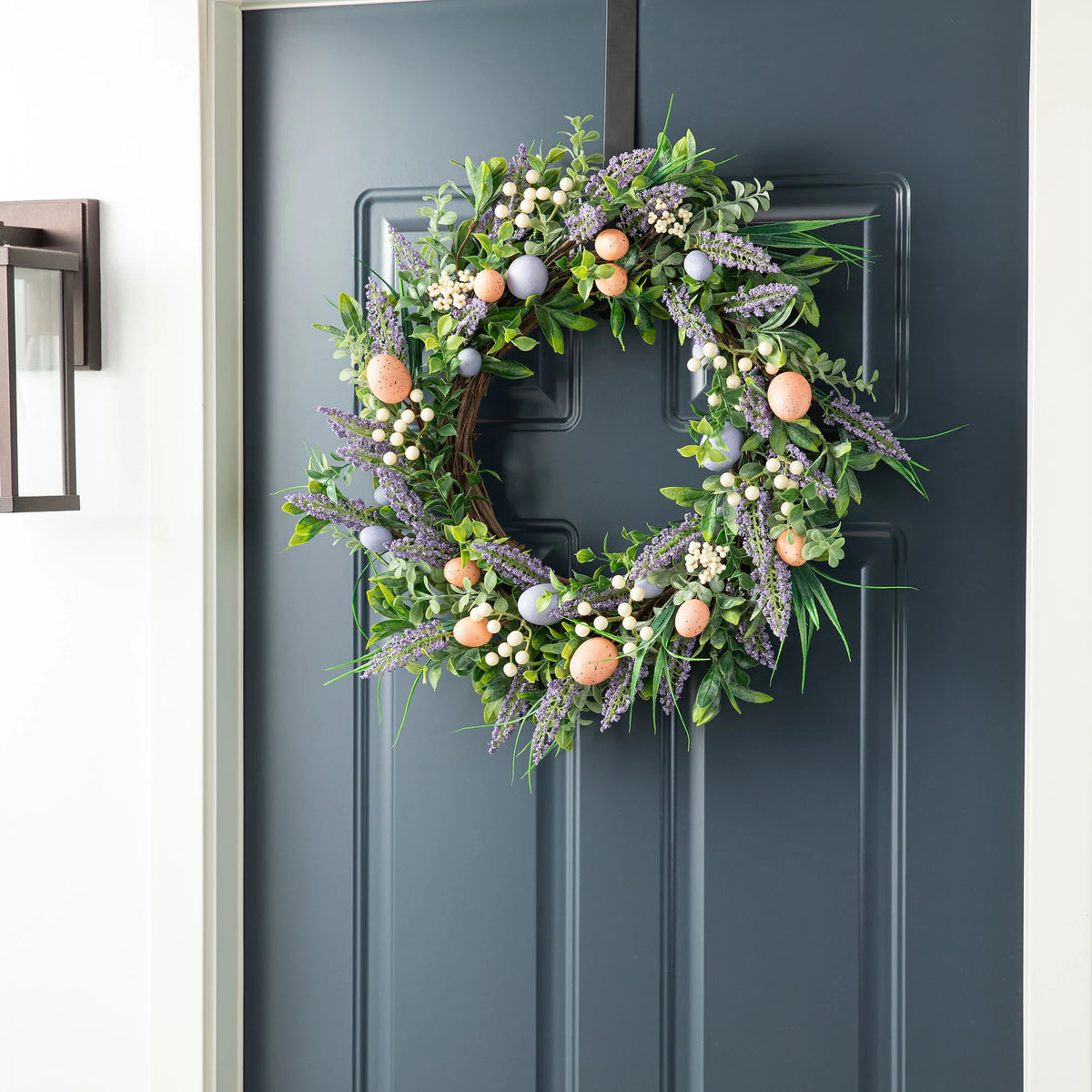 Glitzhome Easter Wreath with Eggs Lavender Bird Nest for Front Door Wall Window Holiday Decoration