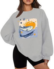Women's Fish Graphic Sweatshirt, Japanese Funny fish print Sweatshirt for women,Casual Crewneck Long sleeve Pullover Top