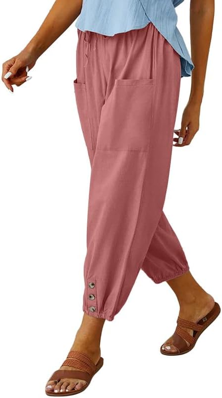 Women's Cropped Pants High Waist Drawstring Capri Pants Wide Leg with Pockets
