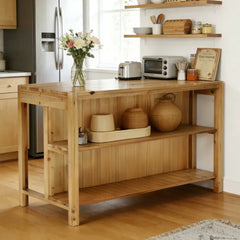 59.05" Solid Wood Kitchen Island with Storage, Dining Prep Table