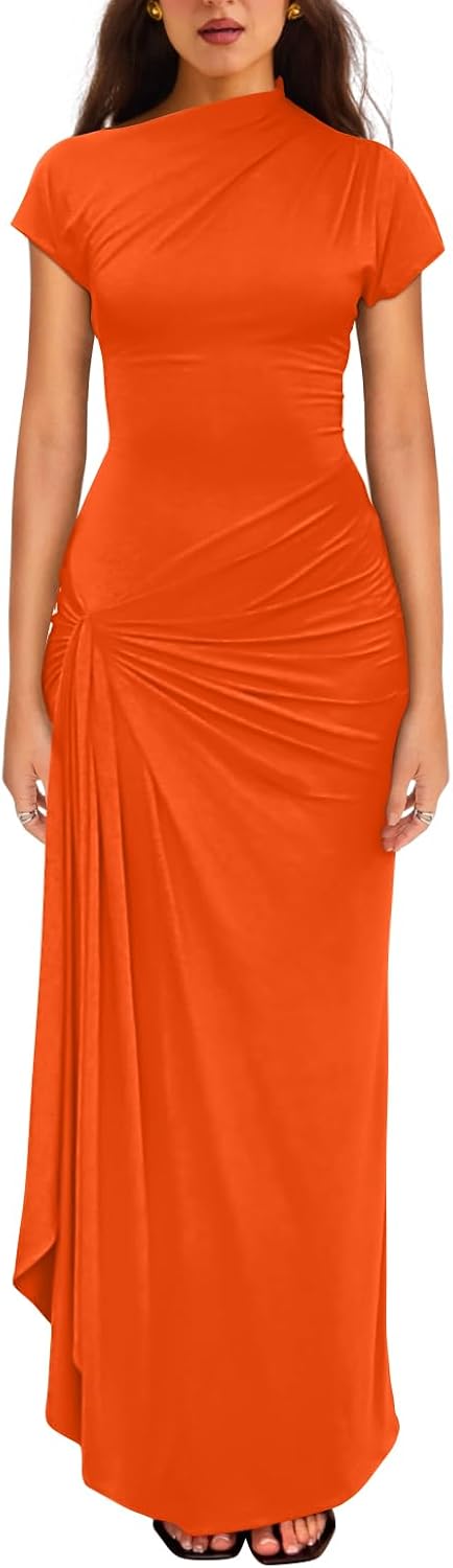 YMDUCH Women's Casual Short Sleeve Boat Neck Ruched High Split Bodycon Long Party Dress