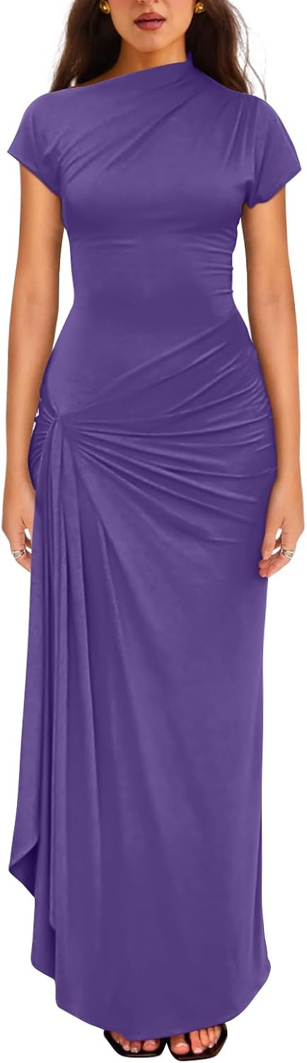 YMDUCH Women's Casual Short Sleeve Boat Neck Ruched High Split Bodycon Long Party Dress