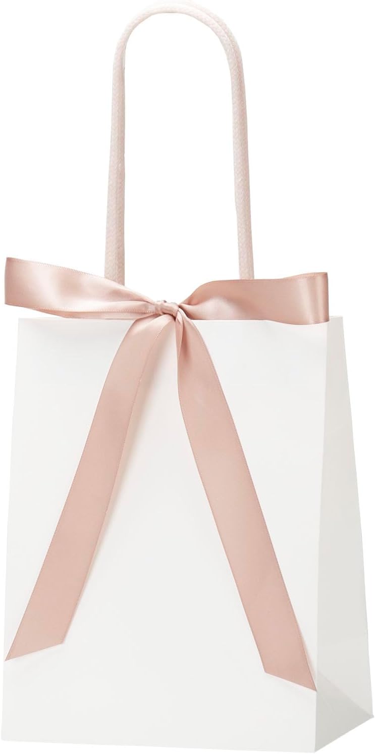 KLOVYRA Medium White Gift Bag with Pink Ribbon, 9×4×7 Inch Landscape Size — Wide White Kraft Paper Bag with Handles, Birthday, Party Favor Packaging, Reusable Eco Friendly Paper Tote (2 Pack)