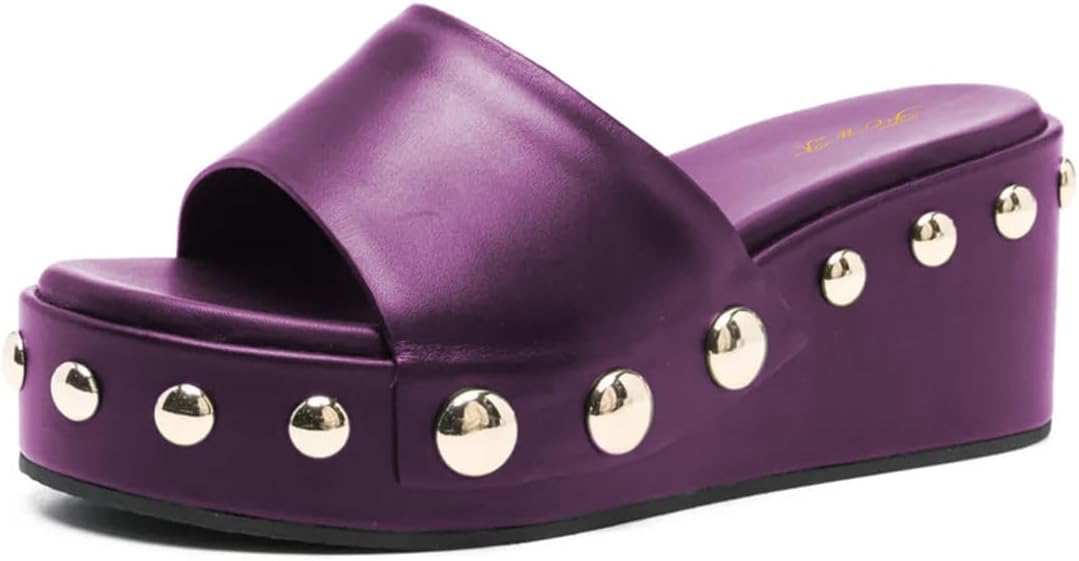 FOWT Women Round Open Toe Mules Slip on Platform Mid Heel Wedges Rivet Studded Stylish Indoor Outfit Shoes Size 4-16 US