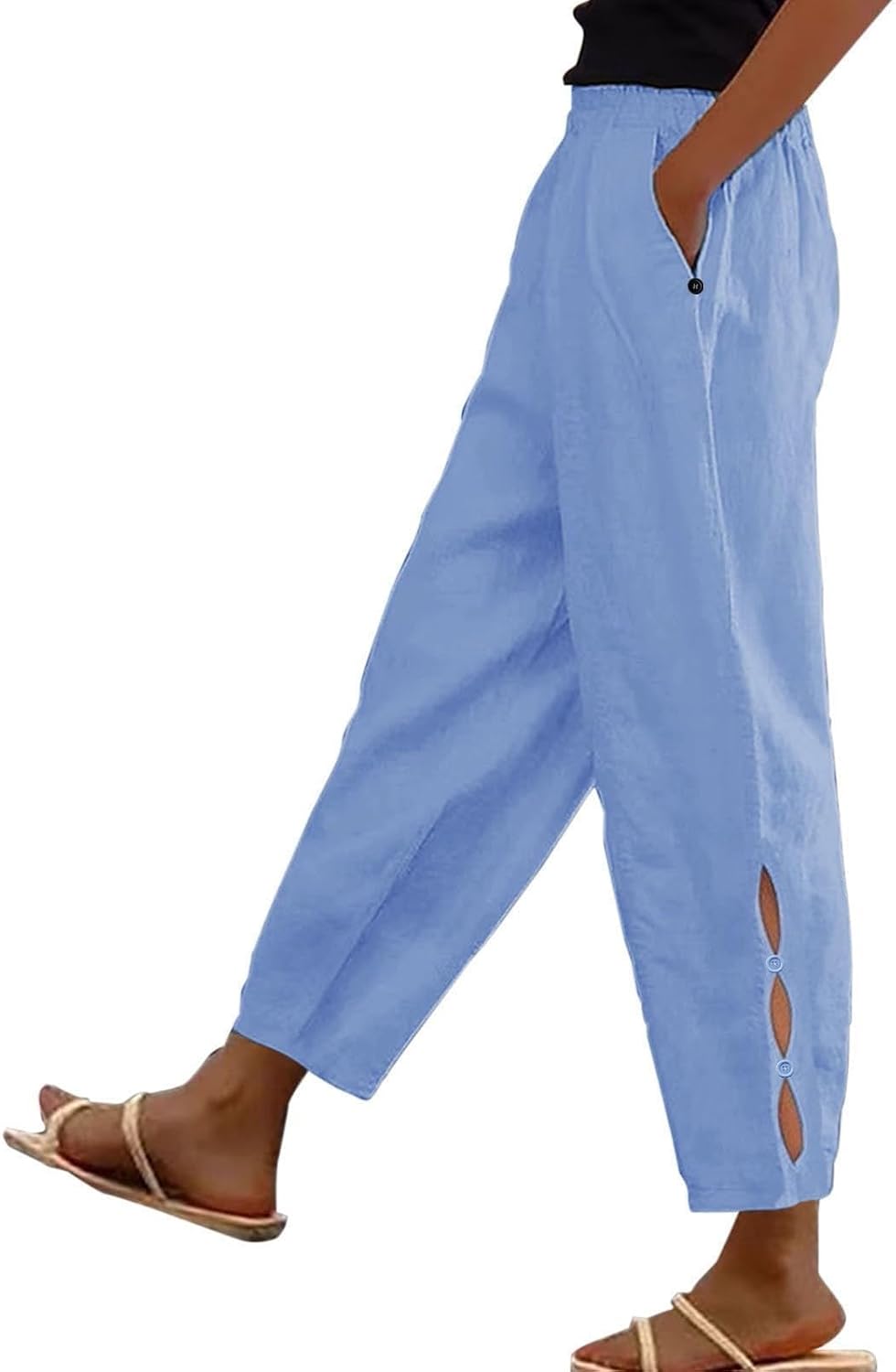 Women Casual Lightweight Elastic Waist Linen Capri Pants Hollow-Out Bottom with Pocket