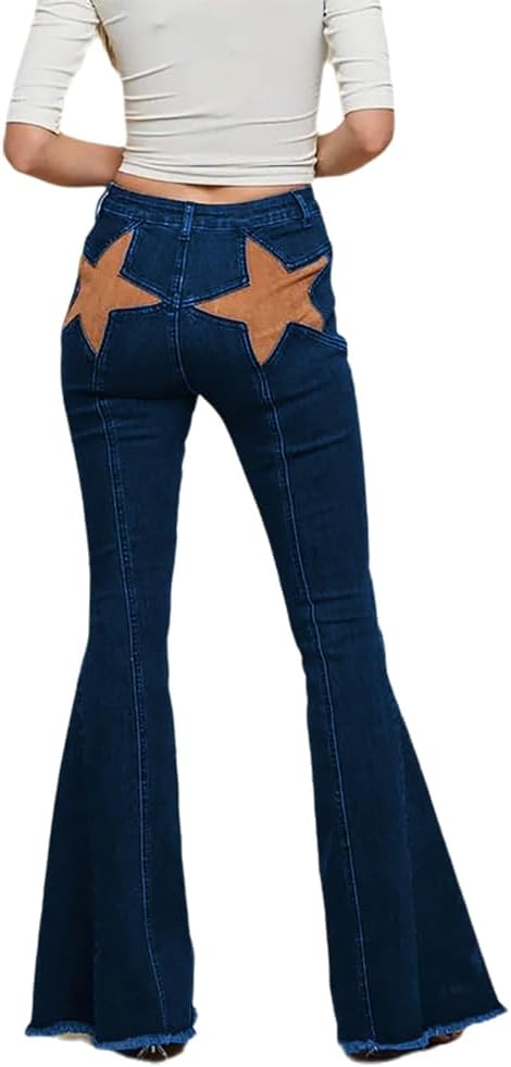 Women's Star Patchwork Bell Bottom Jeans Frayed Raw Hem Mid Rise Trendy Flared Leg Denim Pants
