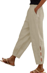 Women Casual Lightweight Elastic Waist Linen Capri Pants Hollow-Out Bottom with Pocket