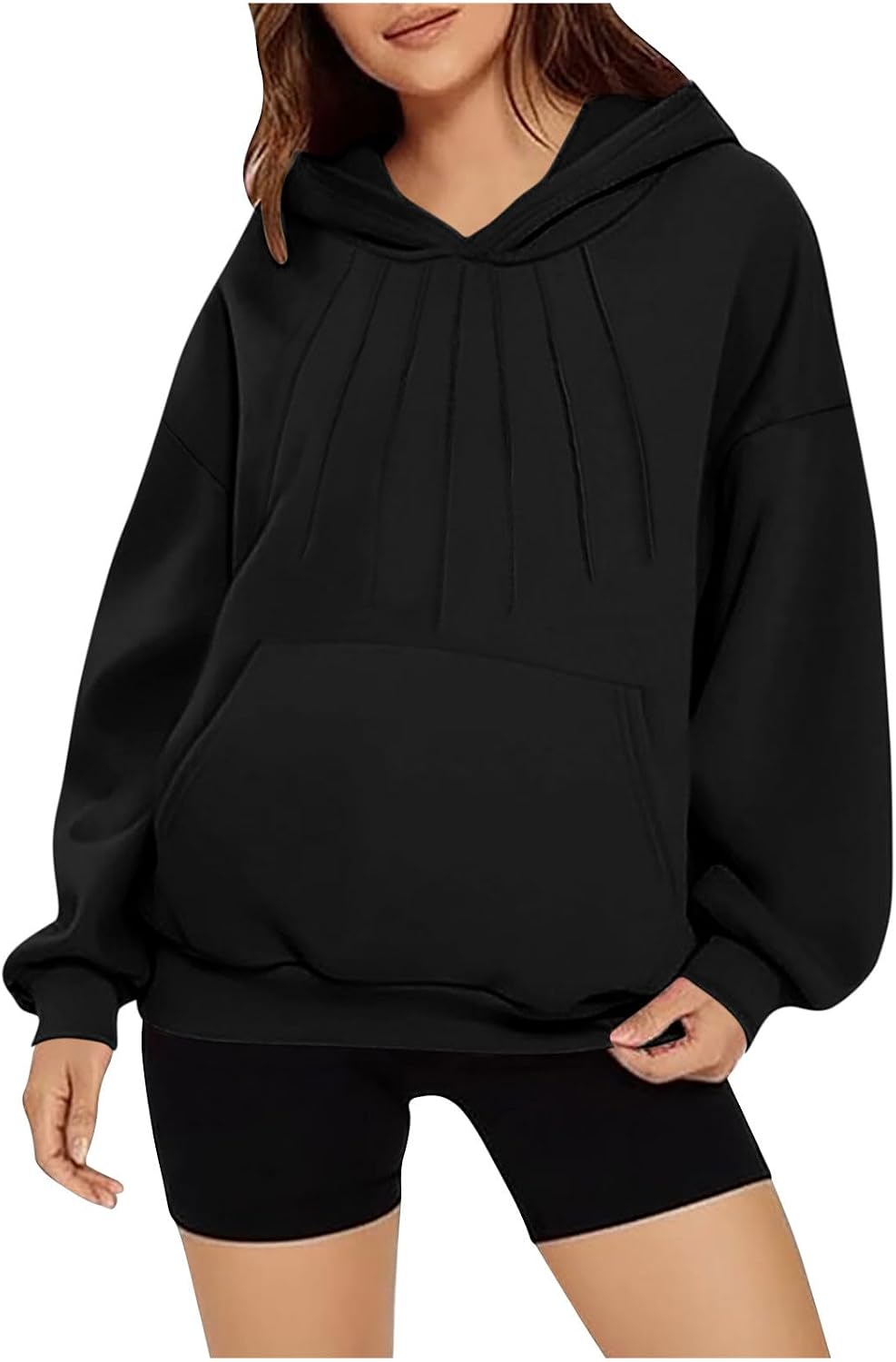 Womens Oversized Hoodies Fashion Pleated Sweatshirts Fall 2025 Pullover Shirt Loose Solid Color Hooded Tops