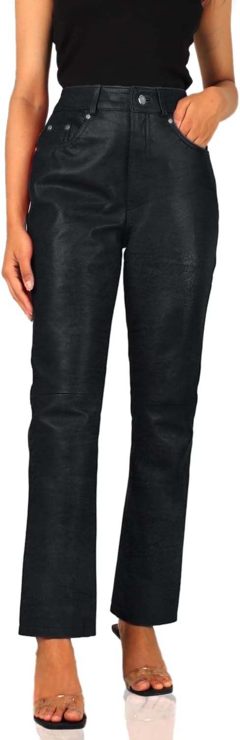 Women's Genuine Lambskin Straight Cut Leather Pants (Black, Leather Jeans) - 2424004