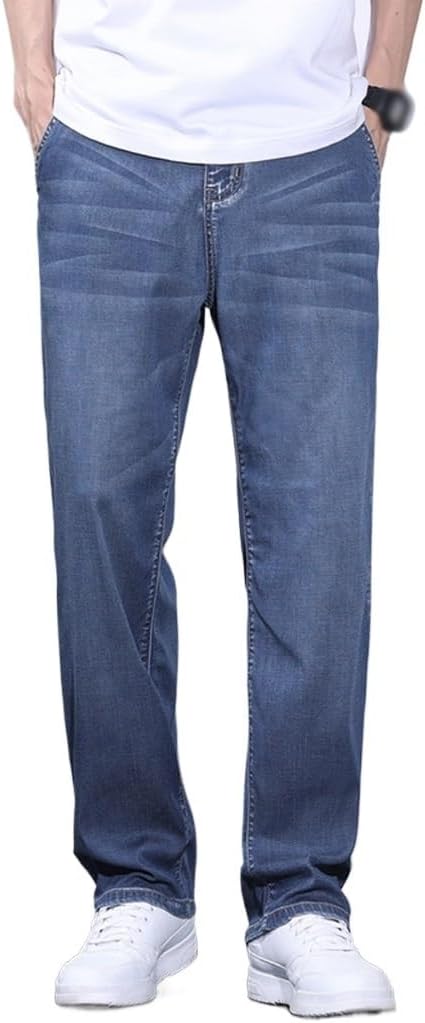 Tian Si Thin Denim Pants Loose Straight Casual Mid High Waisted Denim Pants
