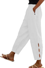 Women Casual Lightweight Elastic Waist Linen Capri Pants Hollow-Out Bottom with Pocket