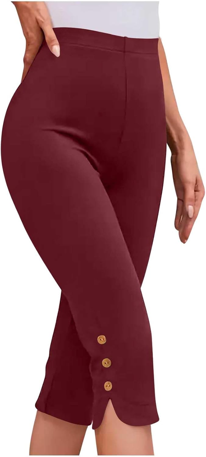Oplxuo Capri Pants for Women Casual Summer Dressy Pull On Stretch High Waisted Buttons Slit Bottom Crop Work Leggings