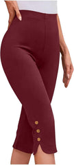 Oplxuo Capri Pants for Women Casual Summer Dressy Pull On Stretch High Waisted Buttons Slit Bottom Crop Work Leggings