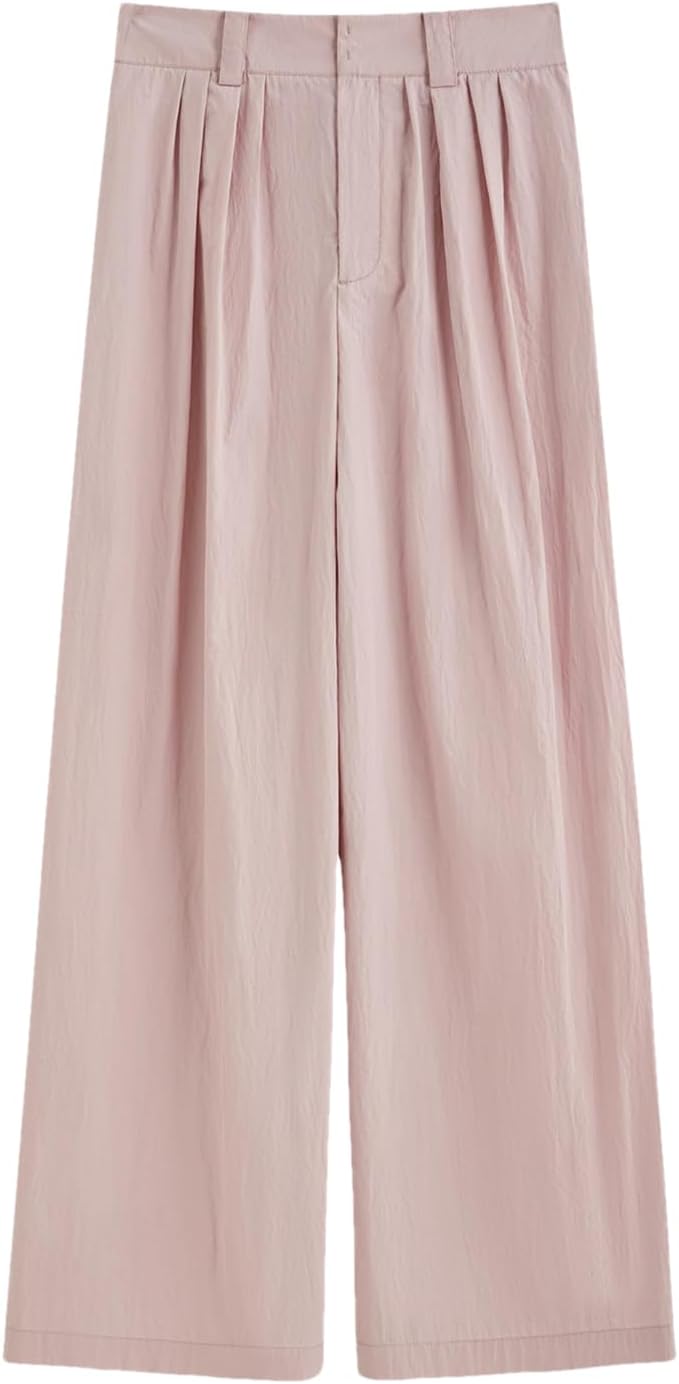 Womens Casual Baggy Pants Solid Color High Waist Business Casual Trousers Pant with Pockets