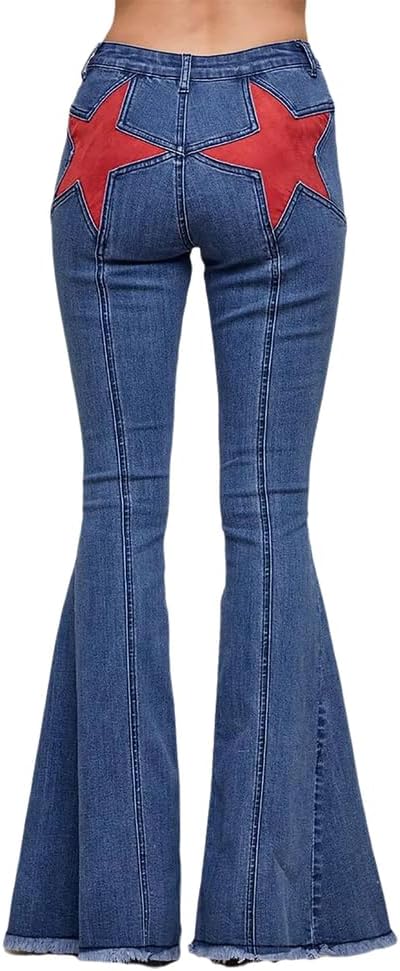 Women's Star Patchwork Bell Bottom Jeans Frayed Raw Hem Mid Rise Trendy Flared Leg Denim Pants