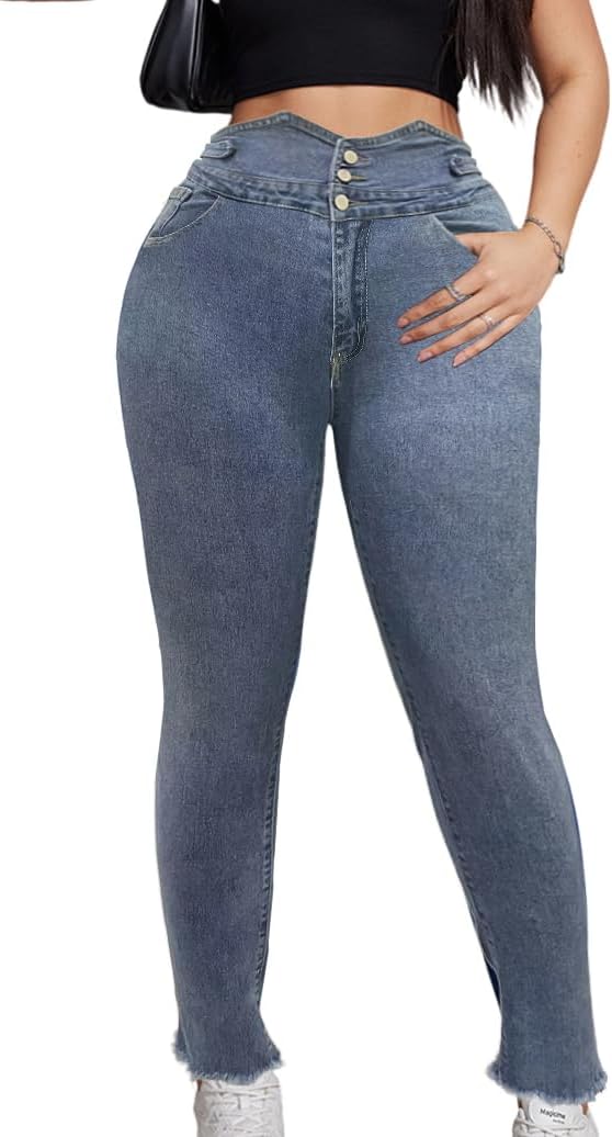 Women’s Plus Size Flare Denim Jeans High Waisted Button Up Bell Bottom Stretch Classic Stretchy Flared Pants