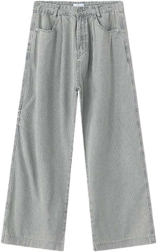 Men Denim Pants Straight Leg Trousers Loose Casual Pocket Zipper Solid Jeans