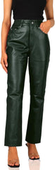 Women's Genuine Lambskin Straight Cut Leather Pants (Black, Leather Jeans) - 2424004