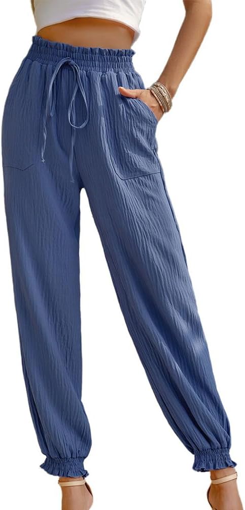 Womens Casual Summer Light Weight Pants Trendy High Waisted Drawstring Comfortable Ladies Pants