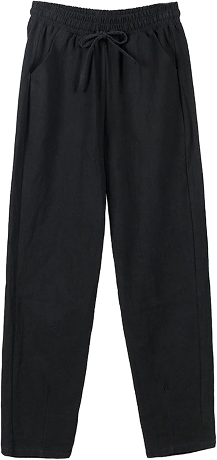 Women Summer Palazzo Pants High Waisted Wide Leg Long Trousers Elastic Drawstring Waist with Pockets Daily Wear
