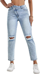 Women's Crop Ripped Straight Leg Jeans Cross Waist Slim Fit Trendy Denim Pants