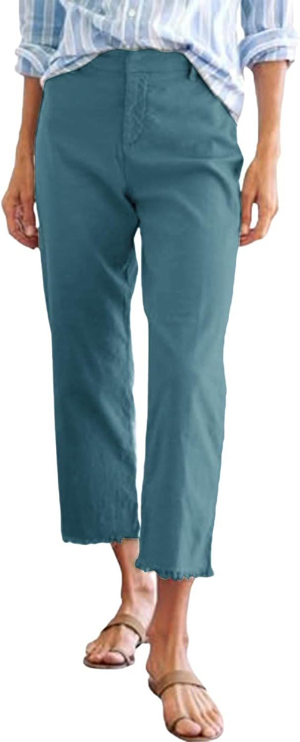 Linen Pants Women High Waisted Summer Casual Capris for Women 2025 Ladies Cropped Trousers for Seniors with Pockets