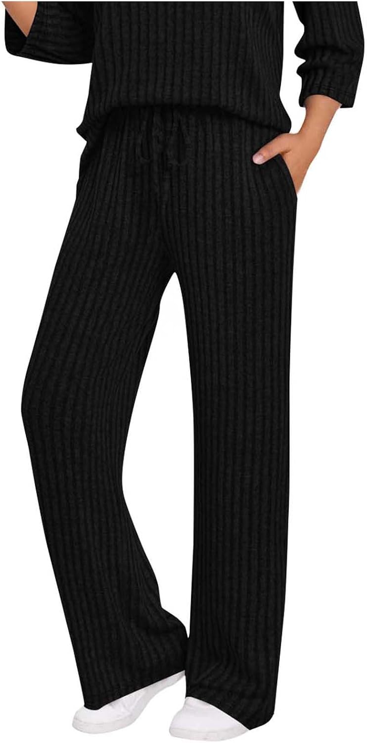 Womens Ribbed Knit Lounge Pants Elastic High Waist Loose Wide Leg Drawstring Pant Fall Comfy Solid Color Trousers