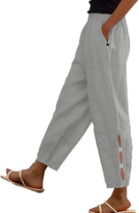 Women Casual Lightweight Elastic Waist Linen Capri Pants Hollow-Out Bottom with Pocket