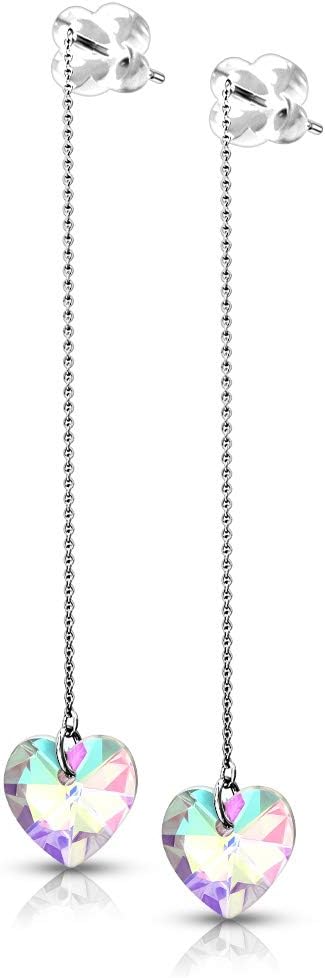 Dynamique Pair of 316L Surgical Steel Free Falling Threader Earrings with Iridescent Heart