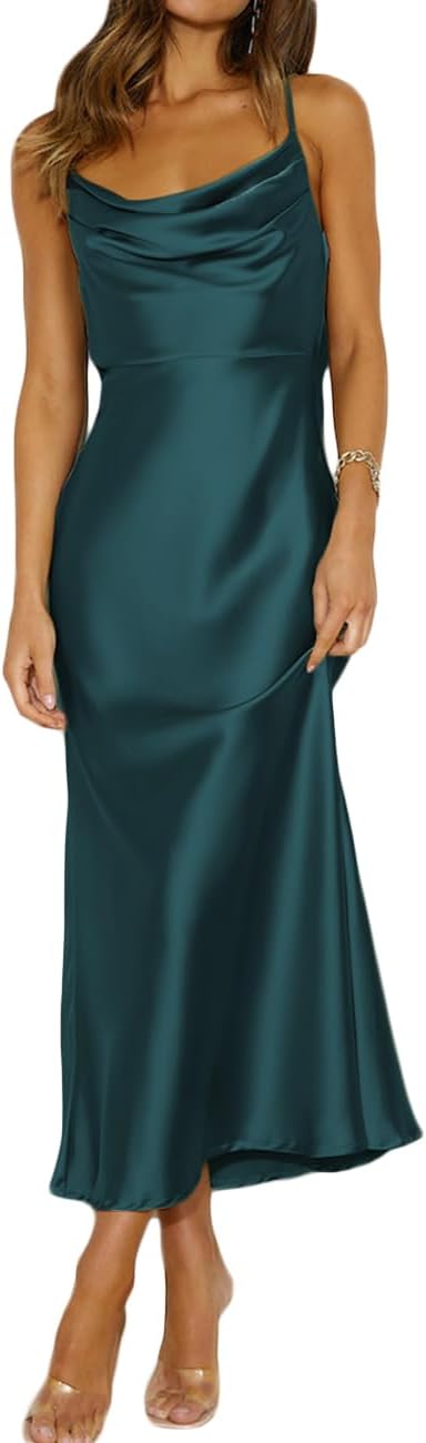 Summer Satin Spaghetti Strap Cowl Neck Backless Midi Dresses for Women Elegant Tie Low Back Ruched Cocktail Dress