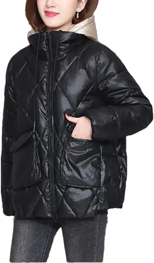 Patchwork Women Hooded Quilted Jacket Fashion Elegant Down Cotton Padded Parkas Winter Loose Short Office Warm Coat