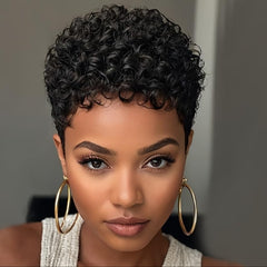 Short Curly Pixie Cut Wigs with Bangs Human Hair for Black Women Non Lace Full Machine Made Rose Net Cap Human Hair Pixie Wig Brazilian Virgin Glueless Bob Wig Human Hair Short Layered Wigs For Women
