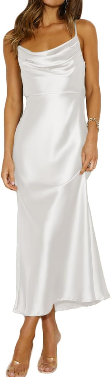 Summer Satin Spaghetti Strap Cowl Neck Backless Midi Dresses for Women Elegant Tie Low Back Ruched Cocktail Dress