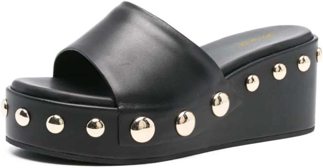 FOWT Women Round Open Toe Mules Slip on Platform Mid Heel Wedges Rivet Studded Stylish Indoor Outfit Shoes Size 4-16 US