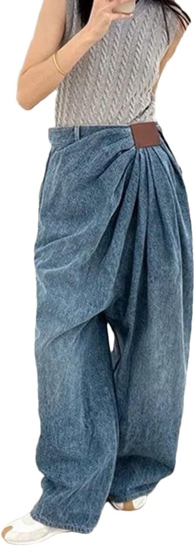 Womens Pleated Wide Leg Denim Pants High Waisted Washed Loose Fit Casual Office Work Trousers