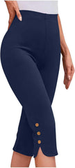 Oplxuo Capri Pants for Women Casual Summer Dressy Pull On Stretch High Waisted Buttons Slit Bottom Crop Work Leggings