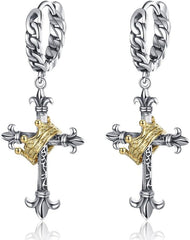 men's cross earrings with crown - vintage crucifix pendant for men, jesus cross earrings