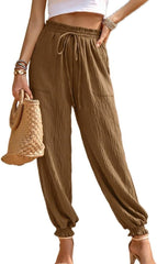Womens Casual Summer Light Weight Pants Trendy High Waisted Drawstring Comfortable Ladies Pants
