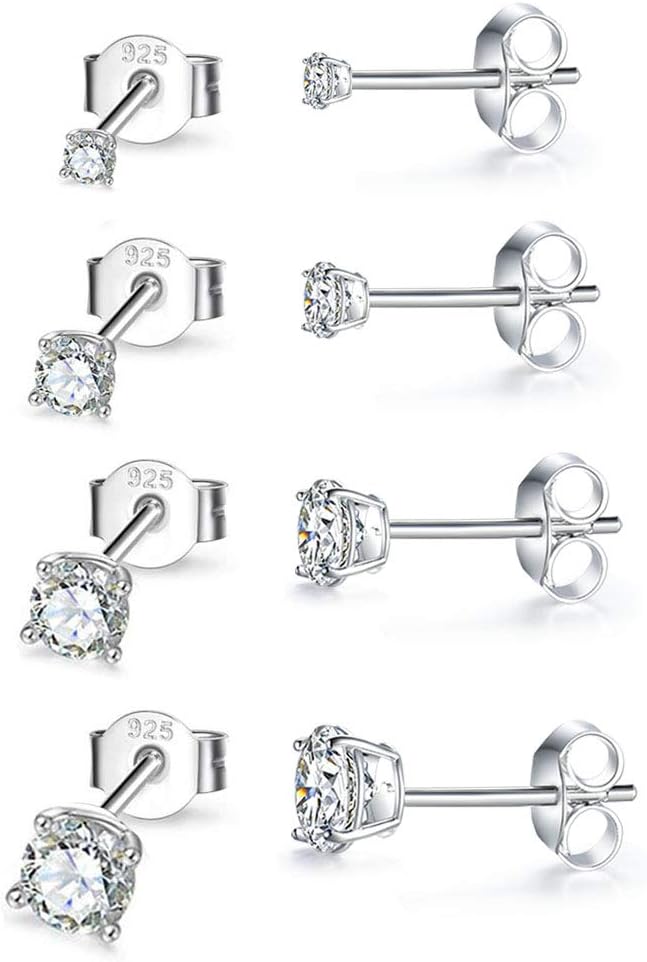 Sterling Silver Stud Earrings for Women Girls Men, Hypoallergenic Cubic Zirconia CZ Studs Small Round Simulated Diamond Earrings Cartilage Tragus Helix Earrings Set(2mm 3mm 4mm 5mm)