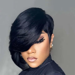Short Curly Pixie Cut Wigs with Bangs Human Hair for Black Women Non Lace Full Machine Made Rose Net Cap Human Hair Pixie Wig Brazilian Virgin Glueless Bob Wig Human Hair Short Layered Wigs For Women