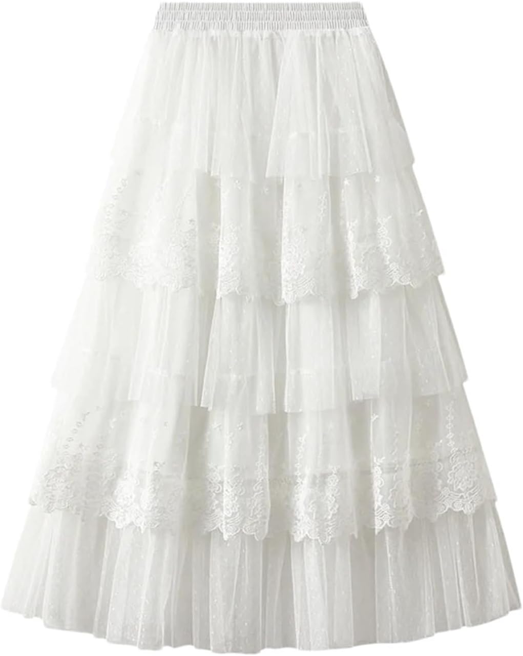 Women's High Waist Cake Skirt Mesh Long Summer Pleated Lace Stitching Skirt