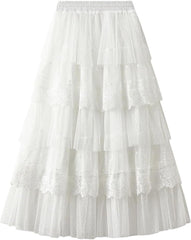 Women's High Waist Cake Skirt Mesh Long Summer Pleated Lace Stitching Skirt