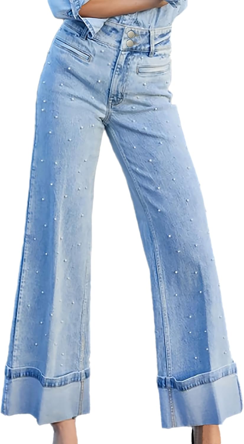 Women's Baggy High Waisted Jeans Boyfriend Stretchy Wide Straight Leg Pearl Cuffed Denim Pants