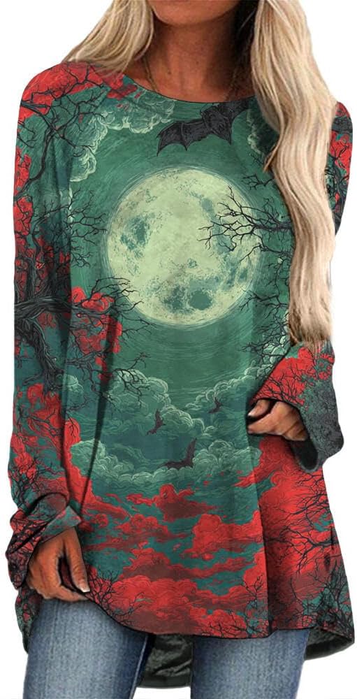 Plus Size Halloween Sweatshirts for Women Long Sleeve Pumpkin Skeleton Sweatshirt Fall Crewneck Bat Ghost Pullover